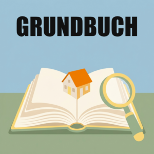 Immobilien & Wohnen 7 Aufgeschlagenes Buch, aus dem ein kleines Haus wächst, daneben eine Lupe, darüber das Wort Grundbuch
