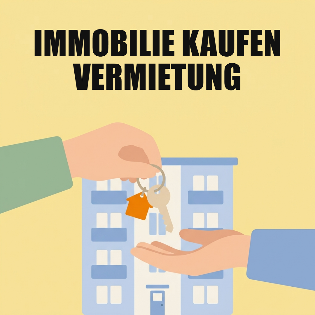 Immobilie kaufen und vermieten: Lage, Rendite, Mieter und Steuern 1 Hände übergeben einen Wohnungsschlüssel vor einem Wohnhaus, darüber der Text Immobilie kaufen Vermietung