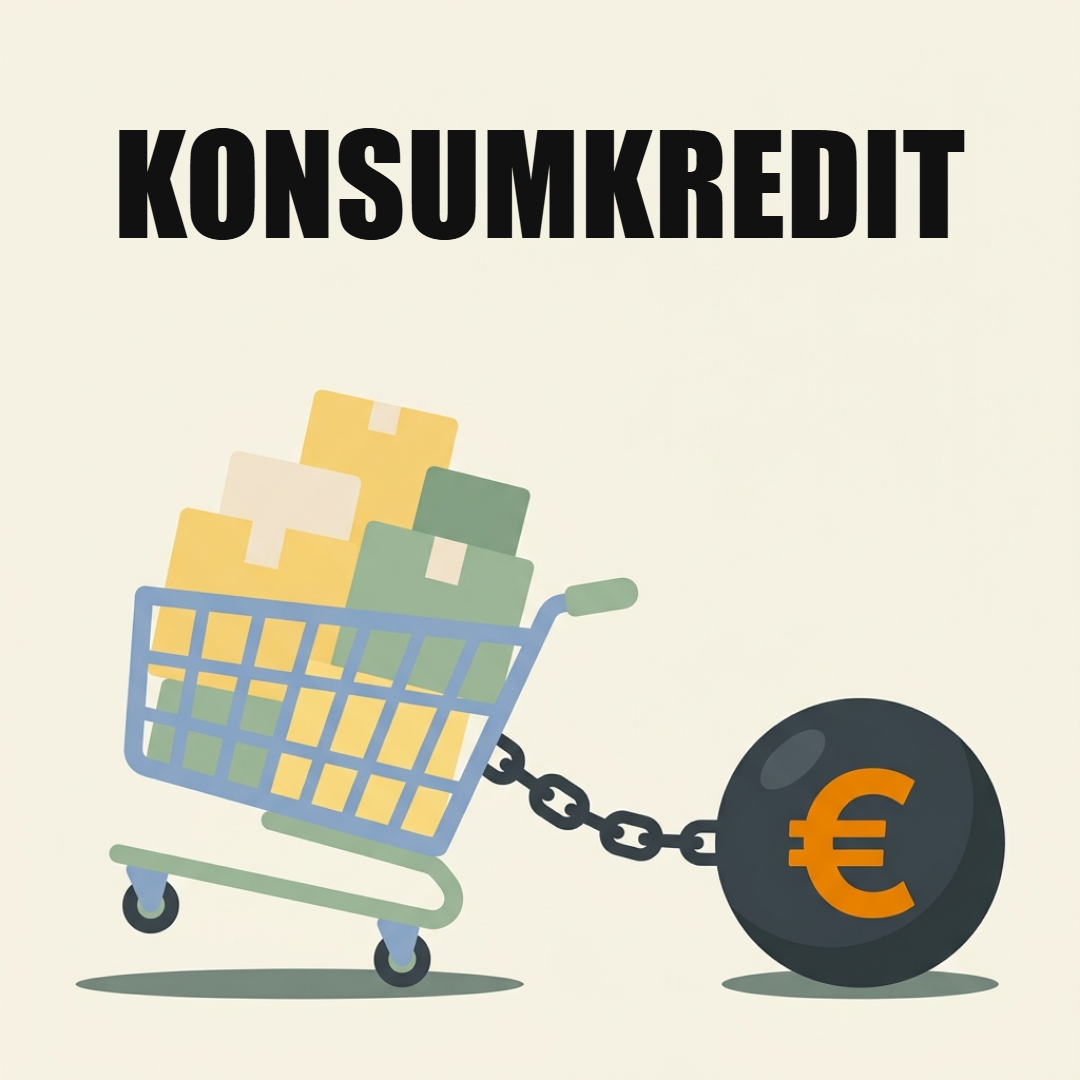 Einkaufswagen voller Pakete, mit einer Kette an eine schwere Kugel mit Euro-Zeichen gebunden, darüber das Wort Konsumkredit