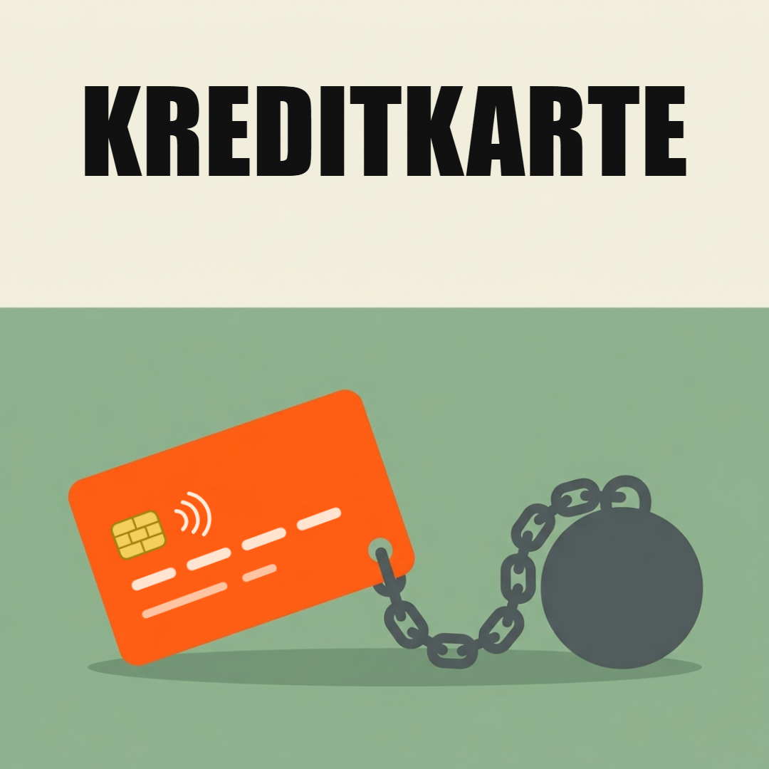 Kreditkarte: Wann sie zum Kredit wird und was das kostet 1 Orange Kreditkarte mit Chip, an einer Kette mit schwerer Eisenkugel festgehalten, darüber das Wort Kreditkarte