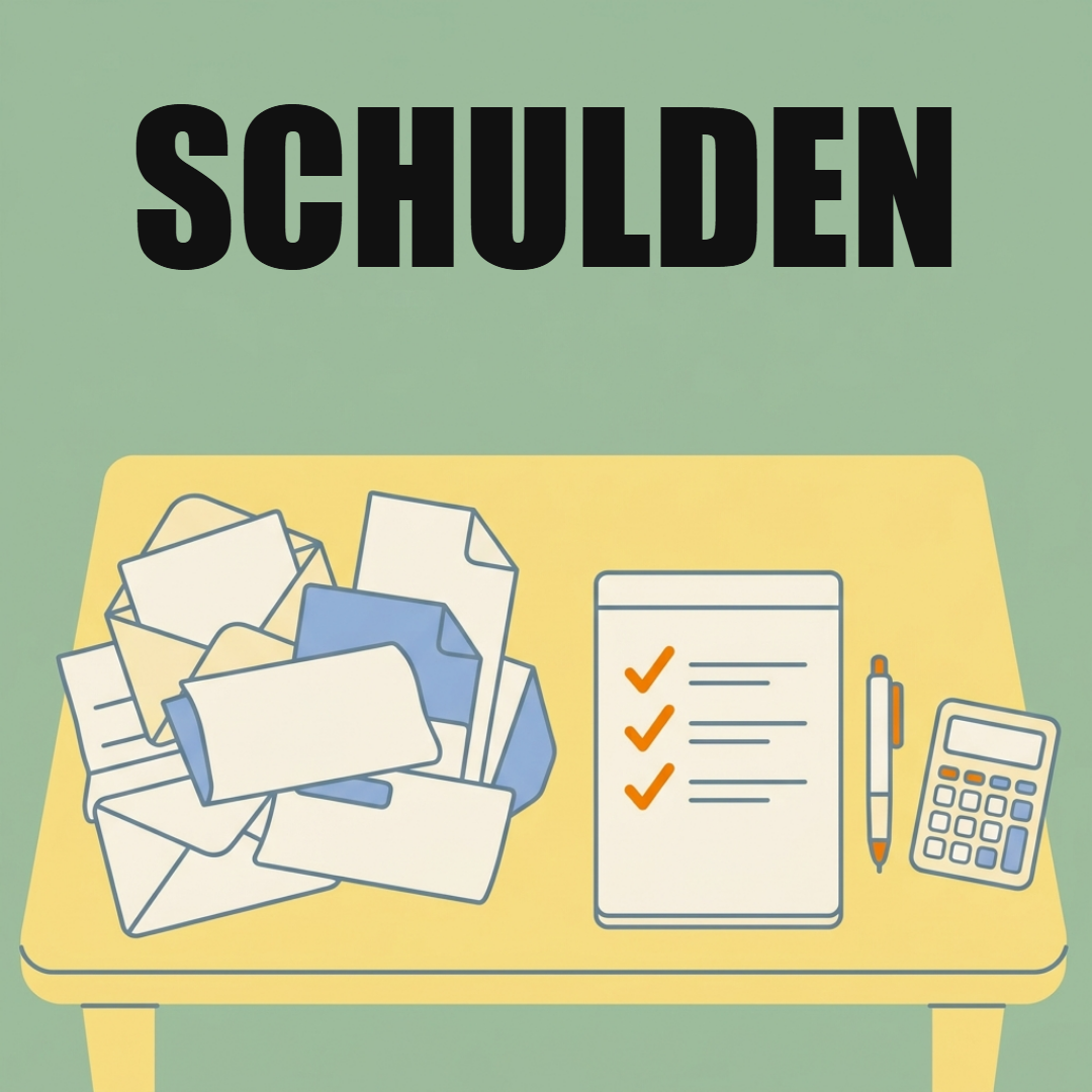 Schulden abbauen: Überblick, Plan und keine neuen Schulden 1 Illustration: Schreibtisch mit einem Stapel offener Kuverts und Rechnungen, daneben ein Notizblock mit abgehakter Liste, Stift und Taschenrechner, darüber das Wort Schulden