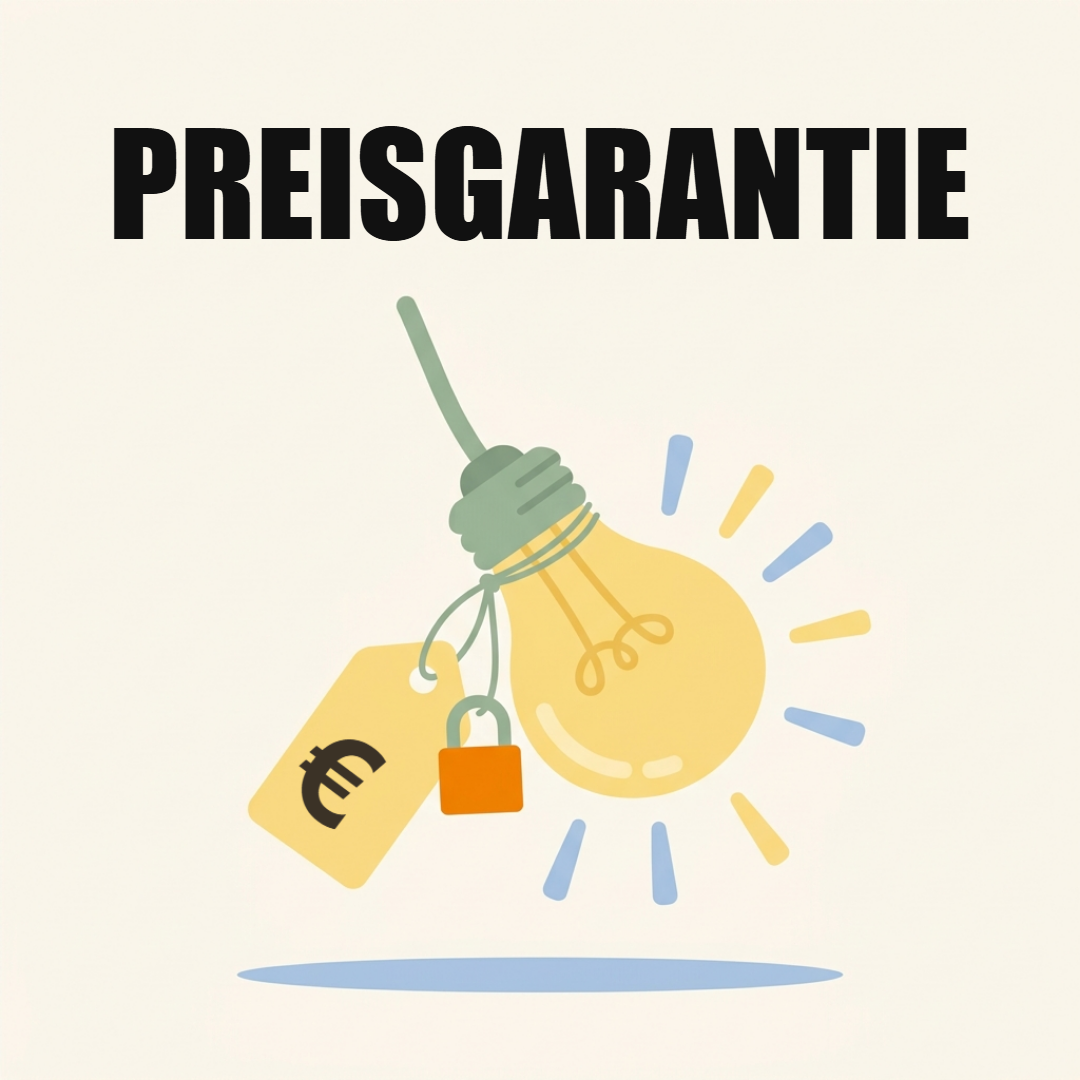 Leuchtende Glühbirne, an der ein Preisschild mit Eurozeichen und ein orangefarbenes Vorhängeschloss hängen, darüber das Wort Preisgarantie