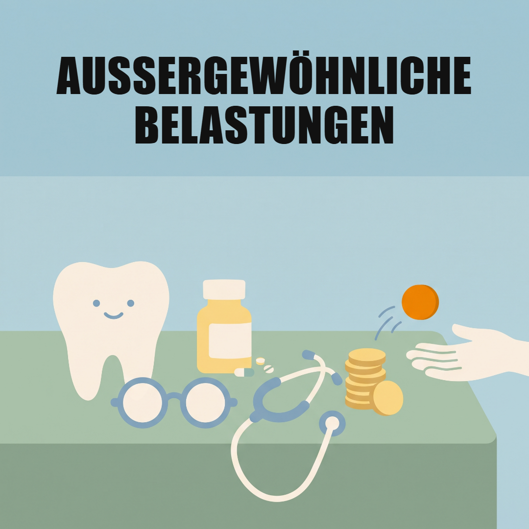 Außergewöhnliche Belastungen: was du absetzen kannst und wie der Selbstbehalt wirkt 1 Zahn, Brille, Medikamente und Stethoskop neben Münzen, eine Münze kommt in eine offene Hand zurück, oben die Worte Außergewöhnliche Belastungen