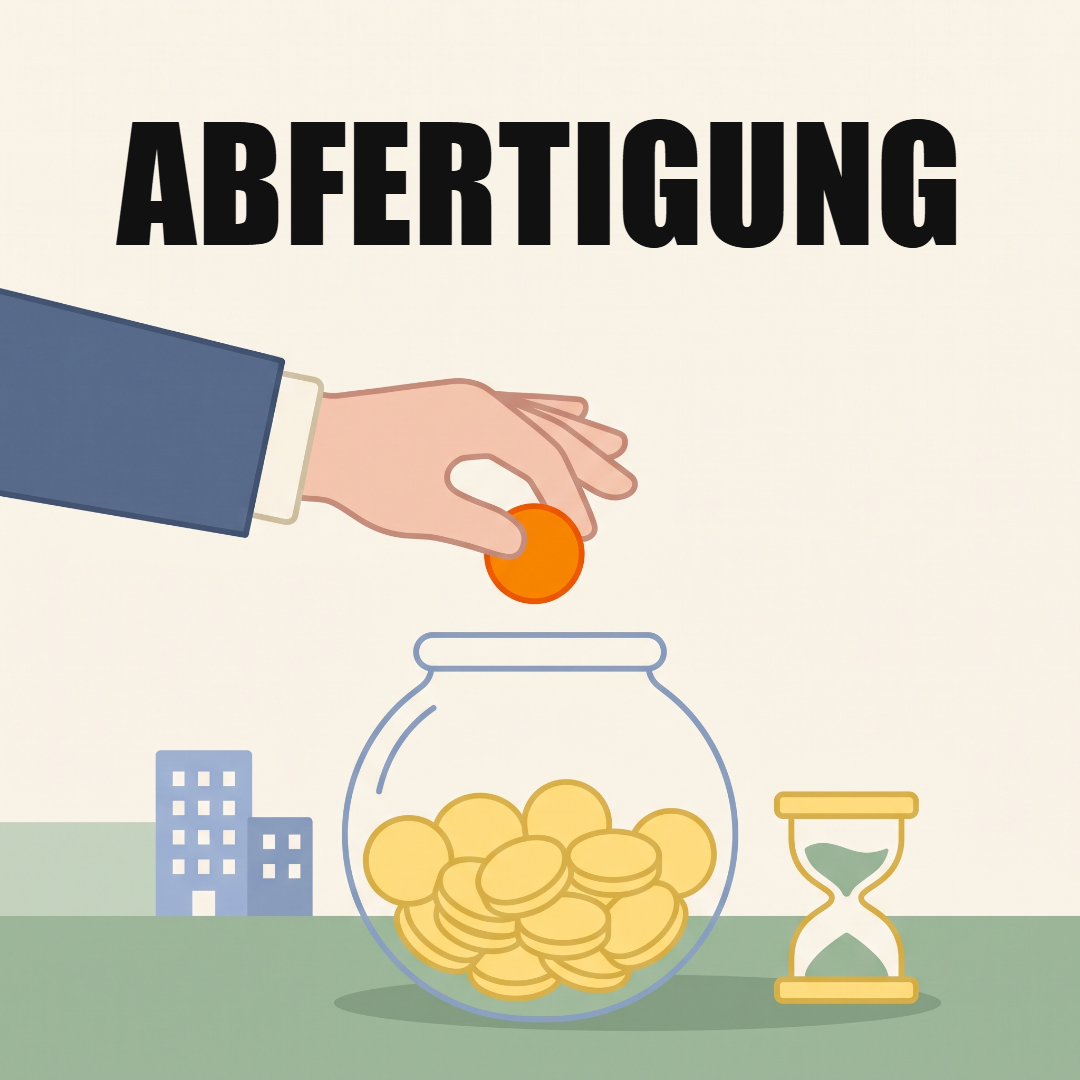 Abfertigung alt und neu: wie sie funktioniert, wann du dein Geld bekommst und wo es liegt 1 Eine Hand wirft eine Münze in ein halb volles Glas mit Münzen, daneben eine Sanduhr und ein Bürogebäude, oben das Wort Abfertigung