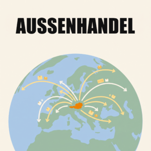 Österreichs Wirtschaft im Überblick: Branchen, Export und Entwicklung 9 Eine Weltkugel mit Europa im Vordergrund, Österreich in Orange hervorgehoben, Pakete und Container wandern auf Bögen in andere Länder und zurück, oben das Wort Außenhandel