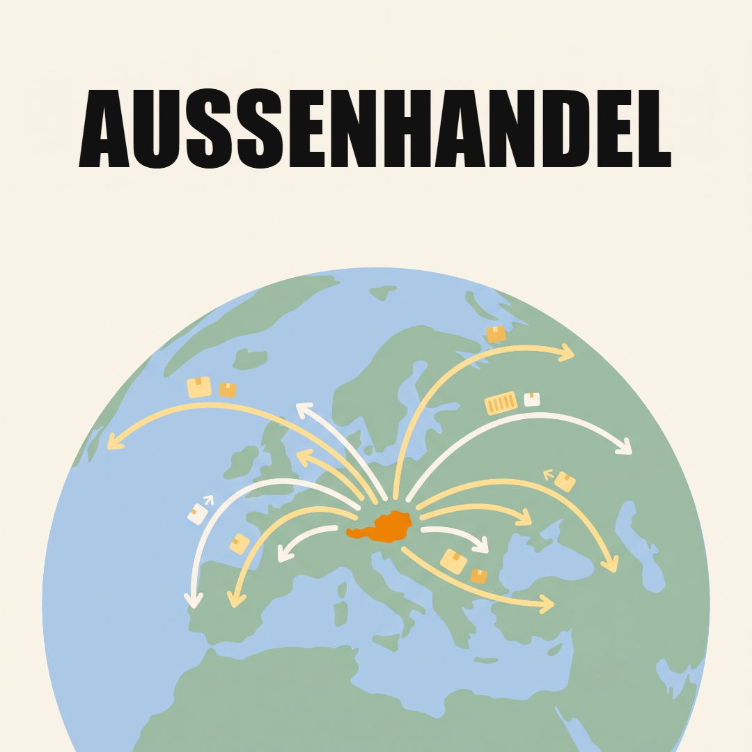 Eine Weltkugel mit Europa im Vordergrund, Österreich in Orange hervorgehoben, Pakete und Container wandern auf Bögen in andere Länder und zurück, oben das Wort Außenhandel