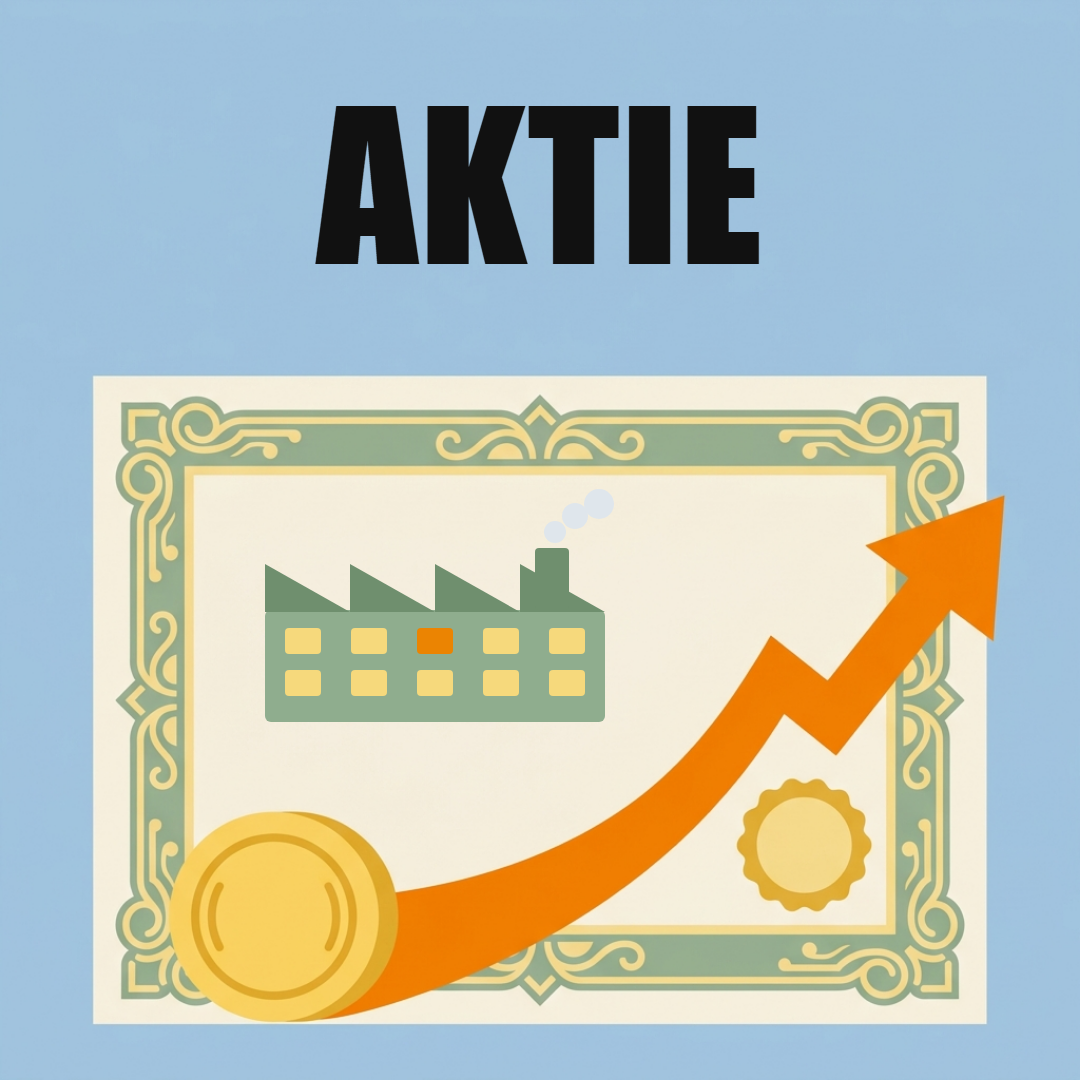 Aktienurkunde mit kleiner Fabrik, Goldmünze und steigendem orangem Pfeil, darüber das Wort AKTIE