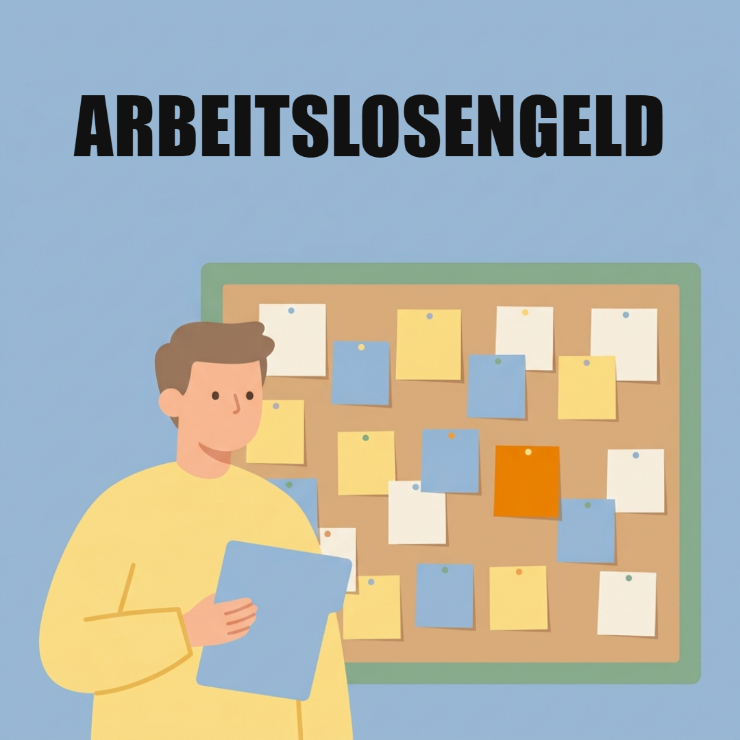 Arbeitslosengeld: Anspruch, Höhe und was du tun musst 1 Ein junger Mann mit Mappe steht vor einer Pinnwand voller leerer Zettel, oben das Wort Arbeitslosengeld