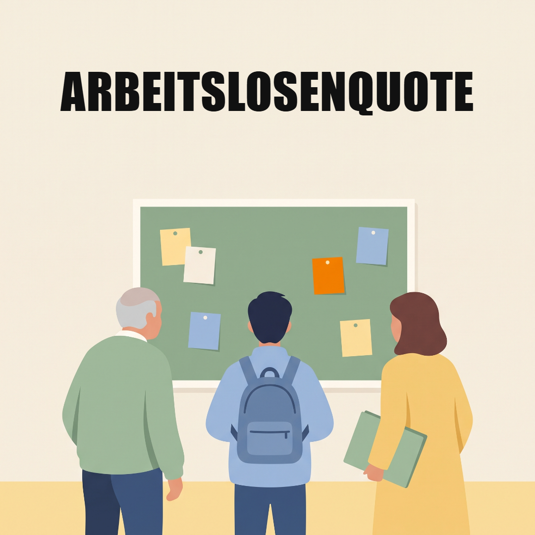 Arbeitslosenquote in Österreich: was die Zahlen zum Arbeitsmarkt bedeuten 1 Drei Arbeitssuchende verschiedenen Alters stehen vor einer Pinnwand mit Stellenaushängen, einer davon orange, oben das Wort Arbeitslosenquote