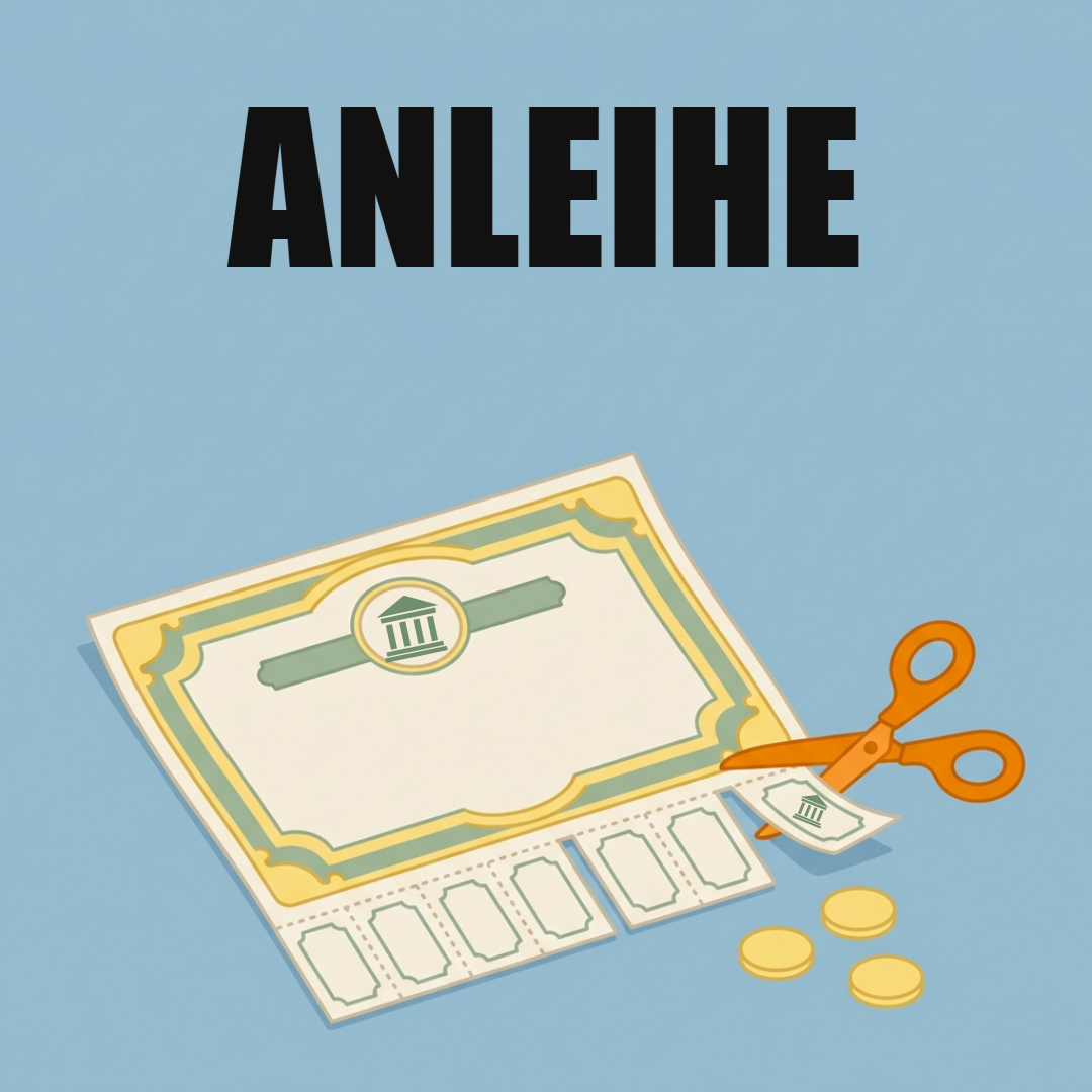 Die Anleihe: Wie du Staaten und Unternehmen Geld borgst und dafür Zinsen bekommst 1 Beitragsbild: altes Anleihe-Papier mit Zinsscheinen, eine Schere schneidet einen Kupon ab, daneben Münzen, oben das Wort Anleihe