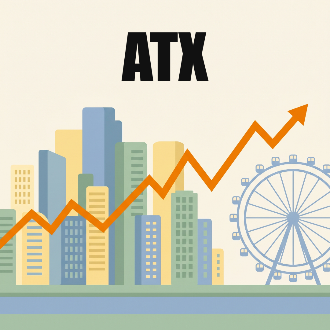 ATX: der österreichische Leitindex, seine Geschichte und seine Varianten 1 Eine Wiener Skyline mit Hochhäusern und dem Riesenrad, darüber eine steigende orange Kurslinie, oben das Wort ATX
