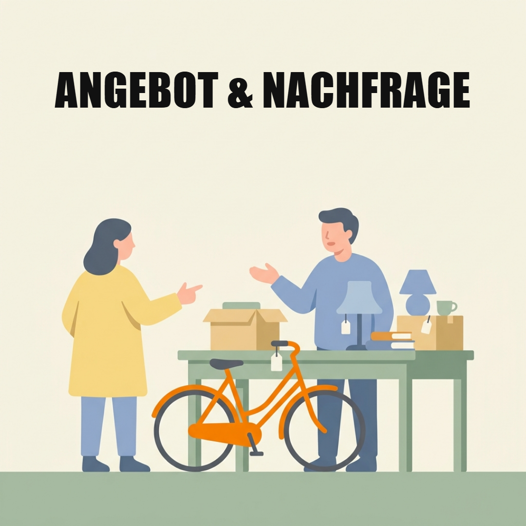 Angebot und Nachfrage: wie Preise entstehen, vom Flohmarkt bis zur Börse 1 Flohmarktstand mit Kisten, Lampe und Büchern, davor ein orangefarbenes Fahrrad, eine Käuferin und ein Verkäufer verhandeln, oben das Wort Angebot und Nachfrage