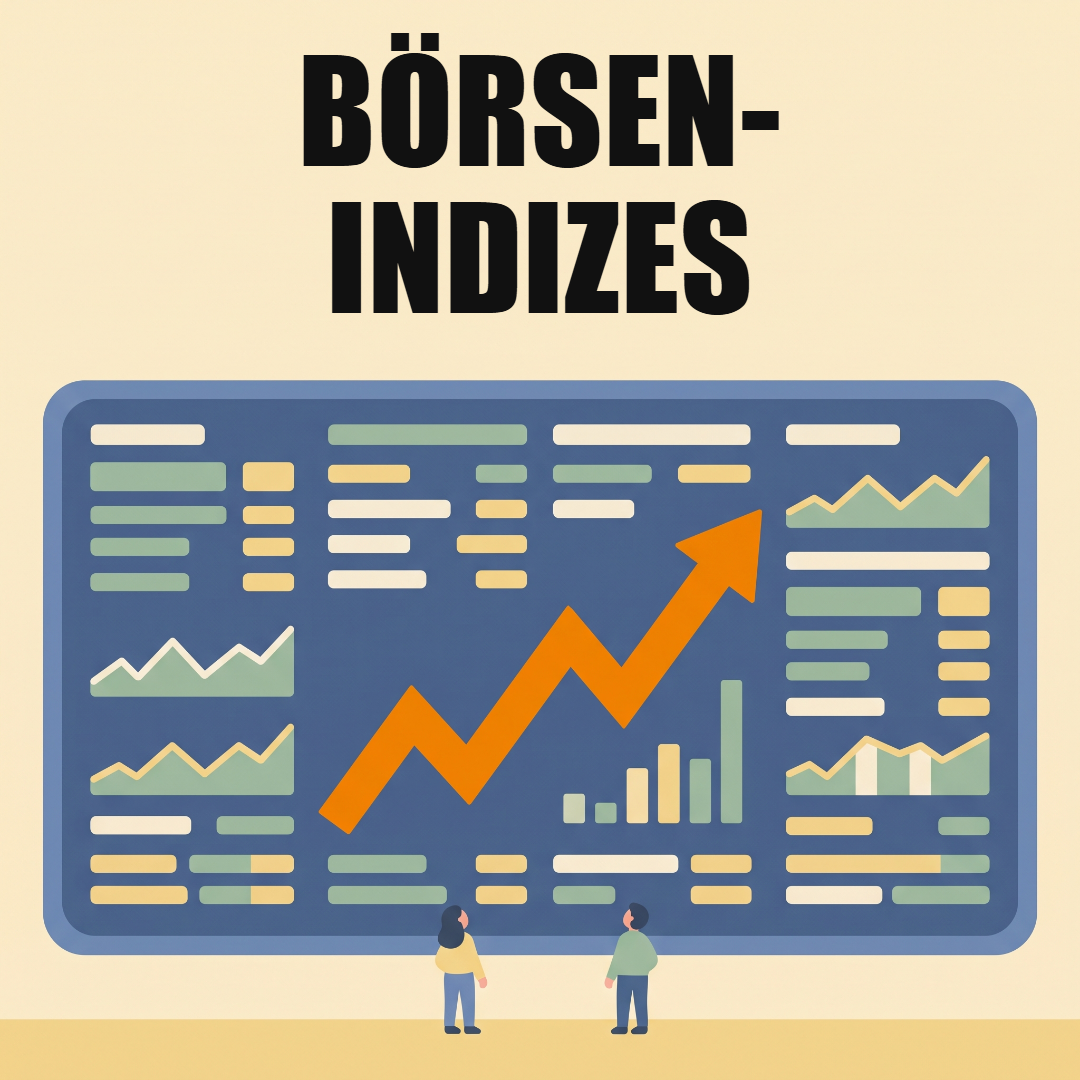 Börsenindizes: S&P 500, DAX, MSCI World und was sie über die Weltwirtschaft zeigen 1 Zwei Menschen stehen vor einer großen Kurstafel mit Balken und Kurven und einer steigenden orangen Linie, oben das Wort Börsenindizes