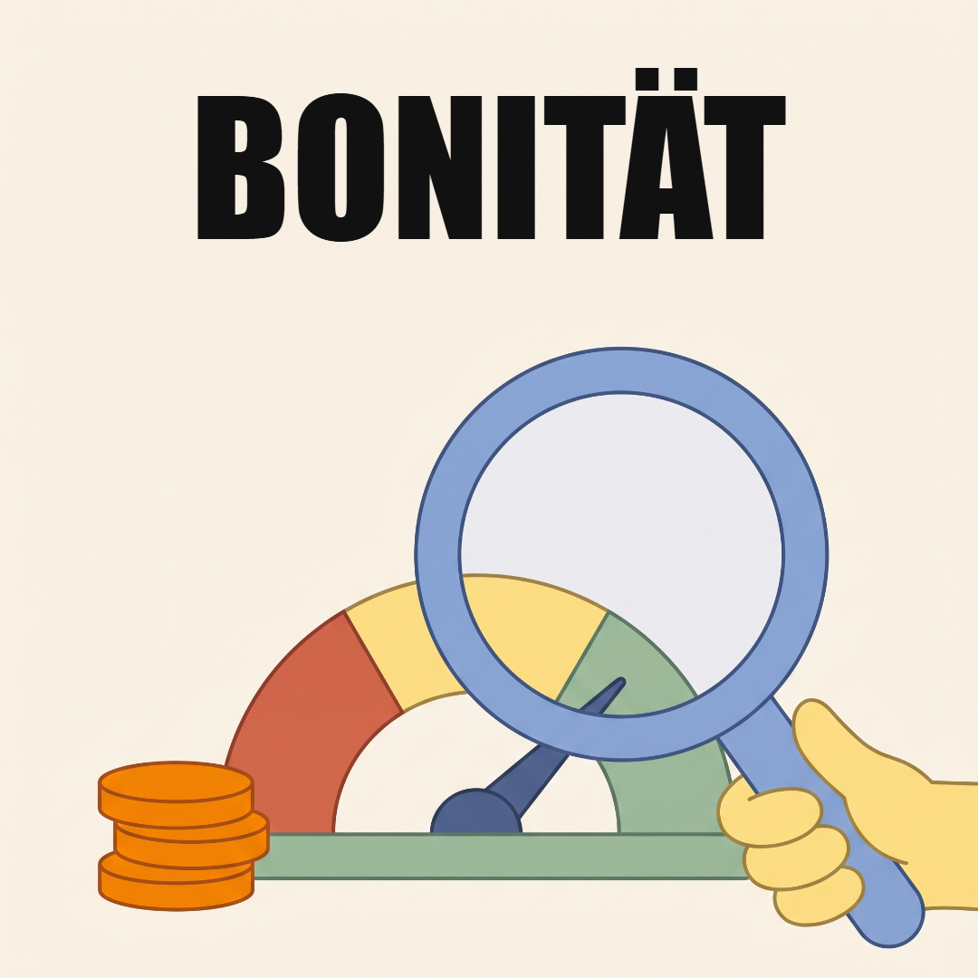 Bonität und KSV: was über dich gespeichert ist und wie du es prüfst 1 Eine Hand hält eine Lupe über eine Bewertungsanzeige mit rotem, gelbem und grünem Bereich, der Zeiger steht im Grünen, daneben orange Münzen, oben das Wort Bonität