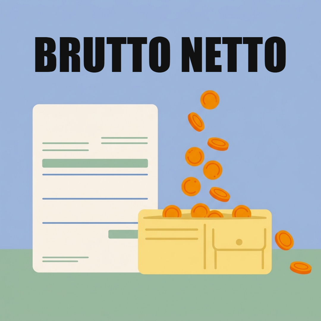 Brutto und Netto: Was vom Gehalt wirklich bleibt 1 Ein leerer Lohnzettel und eine gelbe Geldbörse, in die orange Münzen fallen, einige Münzen rollen daneben weg, oben die Worte Brutto Netto