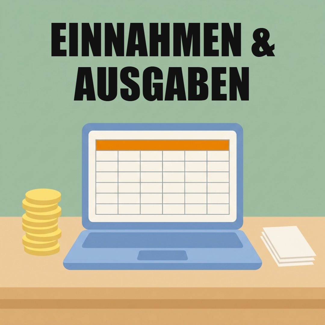 Einnahmen-Ausgaben-Rechnung: So ermittelst du als Kleinunternehmer deinen Gewinn 1 Ein aufgeklappter Laptop mit leerer Tabelle mit oranger Kopfzeile auf einem Schreibtisch, links ein Münzstapel, rechts ein Stapel Belege, oben auf zwei Zeilen die Wörter Einnahmen und Ausgaben
