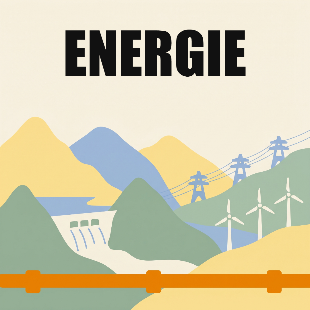 Energie in Österreich: woher sie kommt, wofür wir sie brauchen und wie der Preis entsteht 1 Strommasten über einer Alpenlandschaft mit Staumauer und Windrädern, im Vordergrund eine orange Gasleitung, oben das Wort Energie