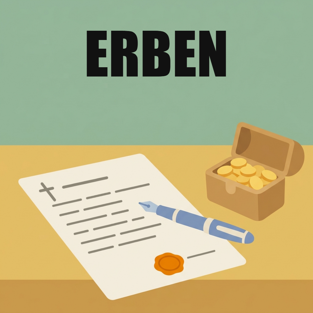 Erben und Schenken in Österreich: Was du zahlst und was du melden musst 1 Ein Testament mit Kreuz, Textzeilen und orangem Siegel auf einem Holztisch, daneben eine Füllfeder und eine offene Schatulle mit Goldmünzen, oben das Wort Erben