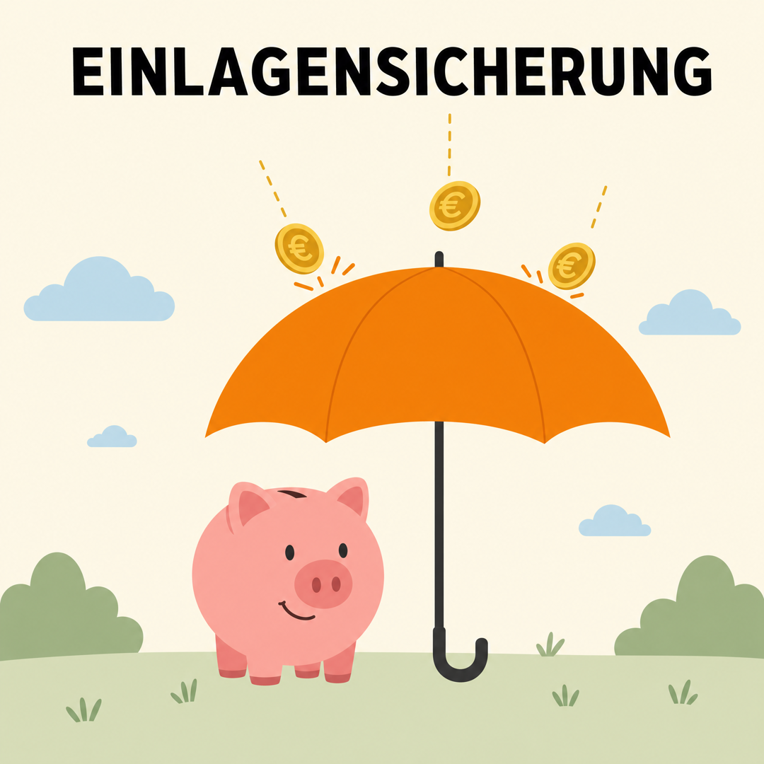 Einlagensicherung: Wie sicher ist dein Geld auf der Bank? 1 Sparschwein unter einem orangen Regenschirm, von dem Münzen abprallen, darüber das Wort Einlagensicherung