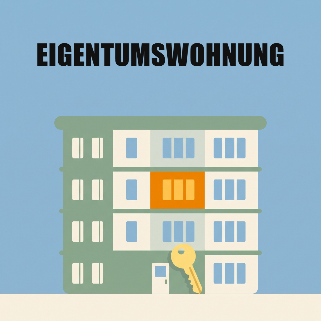 Eigentumswohnung und Betriebskosten: was Wohnungseigentum laufend kostet 1 Ein Wohnhaus mit einer orange leuchtenden Wohnung und einem großen Schlüssel am Eingang, oben das Wort Eigentumswohnung