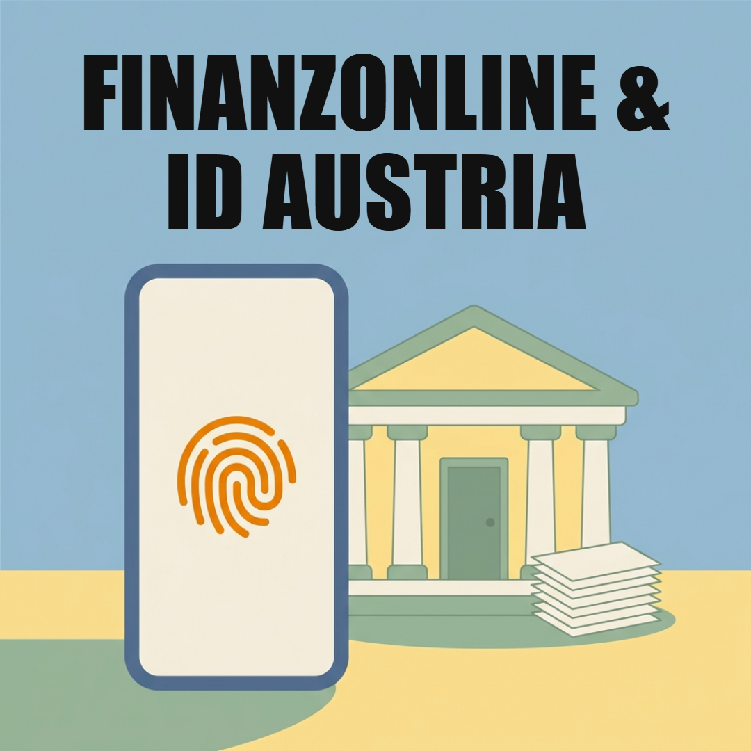 FinanzOnline und ID Austria: Amtswege am Handy erledigen 1 Ein großes Smartphone mit orangem Fingerabdruck neben einem Amtsgebäude mit geschlossener Tür und einem Stapel leerer Formulare, oben in zwei Zeilen FinanzOnline und ID Austria