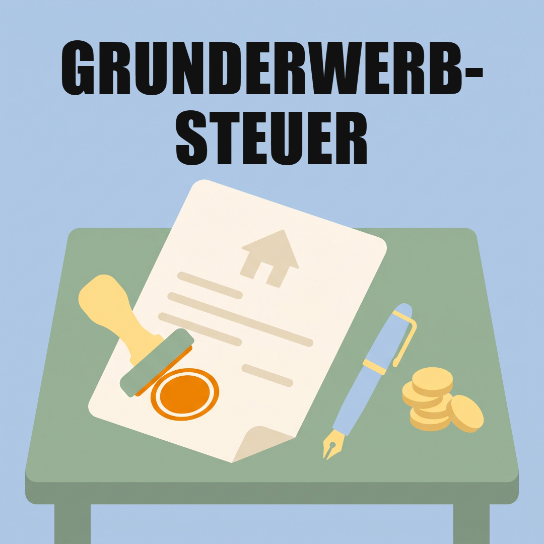 Grunderwerbsteuer: was beim Kauf, bei Schenkung und Erbschaft anfällt 1 Ein Stempel wird auf eine Urkunde mit Haussymbol gedrückt, daneben Füllfeder und Münzen, oben das Wort Grunderwerbsteuer