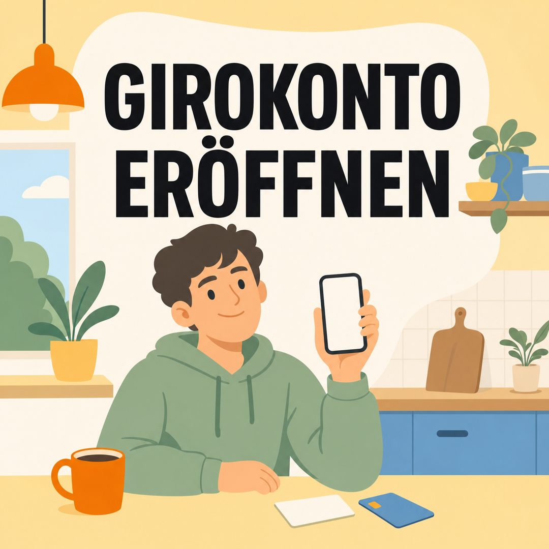 Illustration: junge Person am Küchentisch mit Smartphone, Ausweis und Bankkarte, Schriftzug Girokonto eröffnen