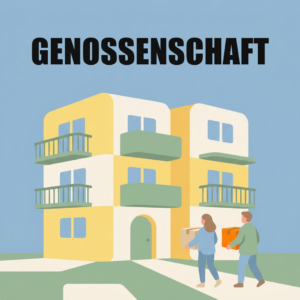 Immobilien & Wohnen 3 Junges Paar trägt Umzugskartons zu einem Wohnhaus mit Balkonen, darüber das Wort Genossenschaft
