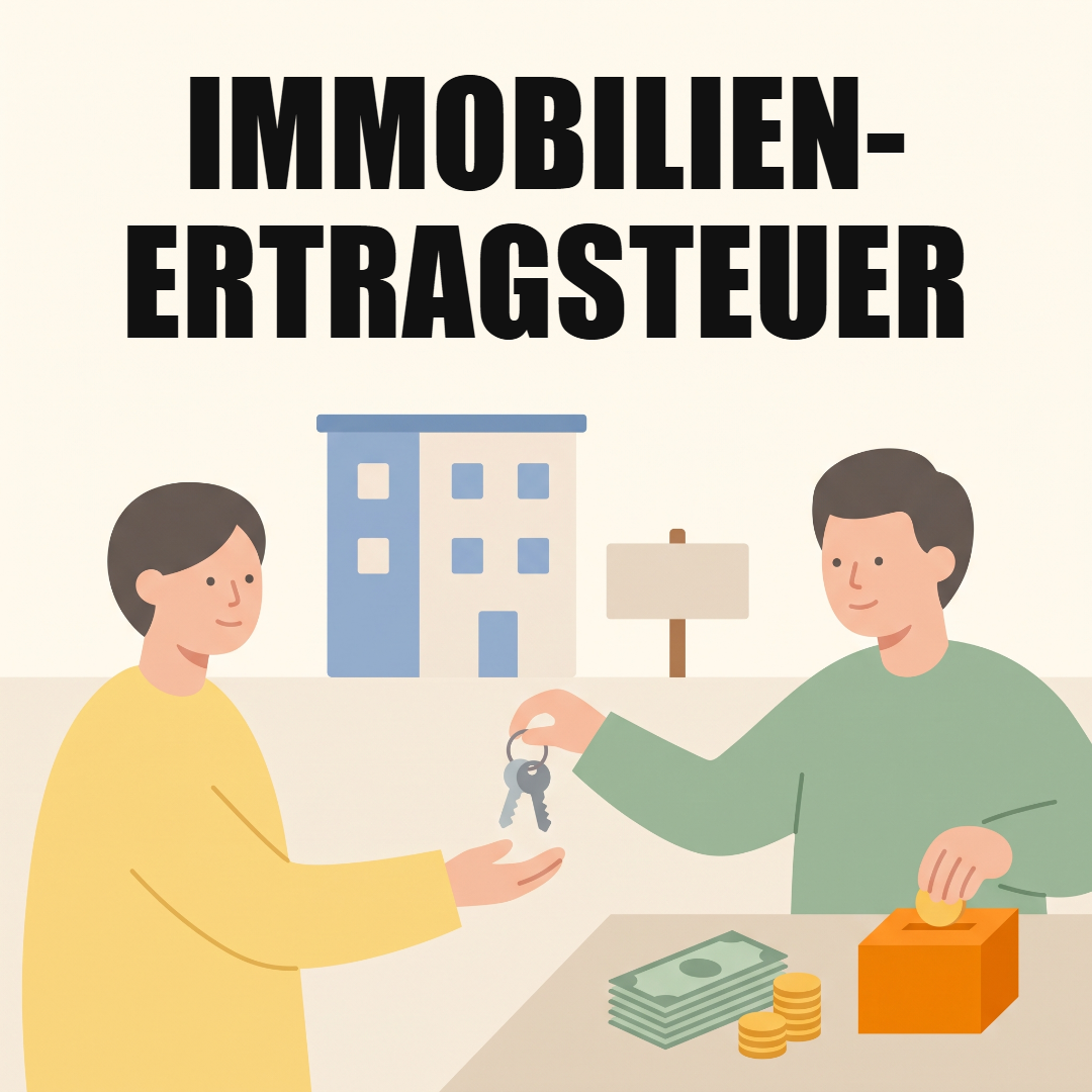 Immobilienertragsteuer: was beim Verkauf einer Wohnung oder eines Hauses an Steuer anfällt 1 Ein Verkäufer übergibt dem Käufer vor einem Wohnhaus die Schlüssel und wirft eine Münze in eine orange Box, oben das Wort Immobilienertragsteuer
