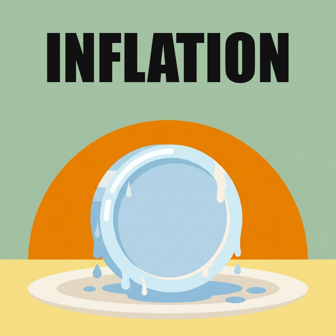 Inflation: was sie ist, wie sie gemessen wird und wie du dein Geld schützt 1 Eine große Münze aus Eis schmilzt auf einem Teller, Tropfen laufen herunter, dahinter ein oranger Halbkreis, oben das Wort Inflation