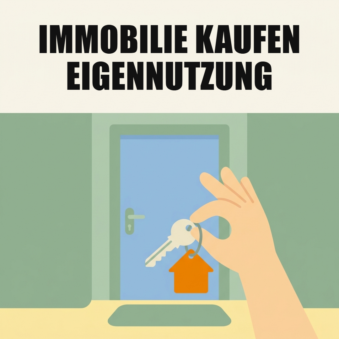 Illustration: Eine Hand hält einen Hausschlüssel mit orangem Anhänger in Hausform vor einer Haustür, darüber der Schriftzug Immobilie kaufen Eigennutzung