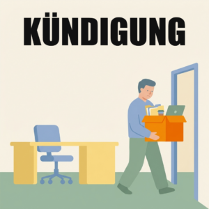 Arbeitslosenquote in Österreich: was die Zahlen zum Arbeitsmarkt bedeuten 9 Ein Angestellter trägt einen orangen Karton mit Ordnern, Becher und Laptop aus dem Büro zur Tür, hinter ihm ein leerer Schreibtisch, oben das Wort Kündigung