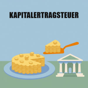 Steuereinfacher Broker: Was das heißt und was ohne ihn auf dich zukommt 9 Ein Kuchen aus gestapelten Goldmünzen auf einem Teller, ein orangefarbener Tortenheber trägt ein Stück davon zu einem Amtsgebäude mit Säulen, oben das Wort Kapitalertragsteuer