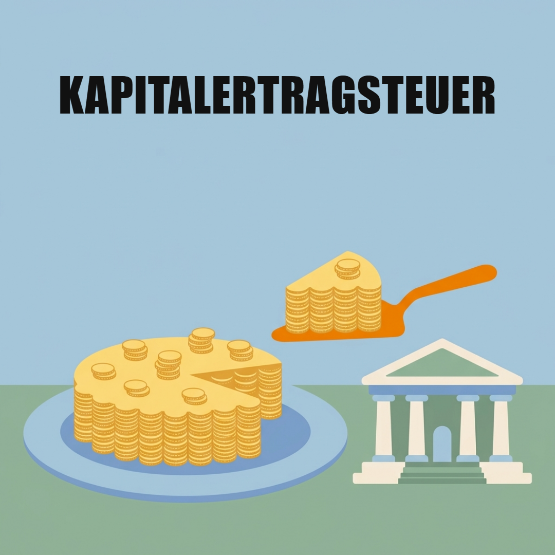 Kapitalertragsteuer: Was sie ist und wie viel du auf Zinsen, Dividenden und Kursgewinne zahlst 1 Ein Kuchen aus gestapelten Goldmünzen auf einem Teller, ein orangefarbener Tortenheber trägt ein Stück davon zu einem Amtsgebäude mit Säulen, oben das Wort Kapitalertragsteuer