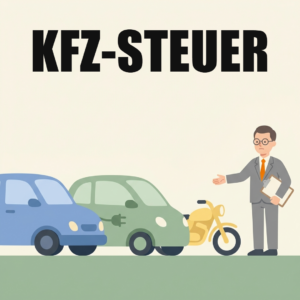 Pendlerpauschale und Pendlereuro: wer sie bekommt, was sie bringen und wie du sie beantragst 9 Ein blaues Auto, ein grünes Elektroauto und ein gelbes Motorrad stehen nebeneinander, rechts daneben ein Beamter im grauen Anzug mit Klemmbrett, der die Hand aufhält, oben das Wort Kfz-Steuer