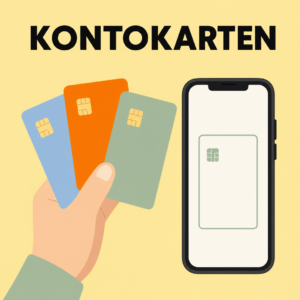 Illustration: Eine Hand hält drei Bankkarten, daneben ein Handy, darüber der Schriftzug Kontokarten
