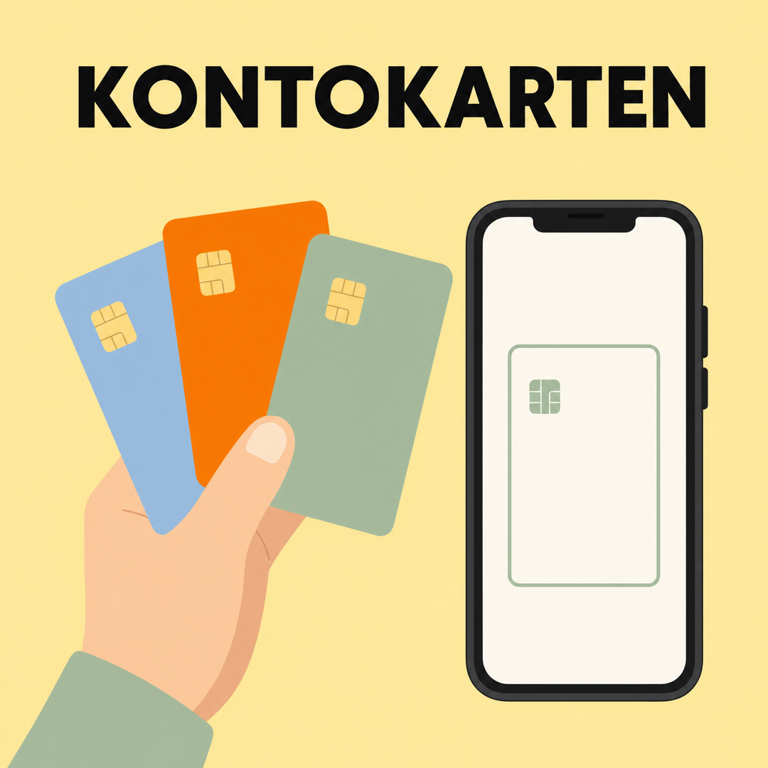 Illustration: Eine Hand hält drei Bankkarten, daneben ein Handy, darüber der Schriftzug Kontokarten