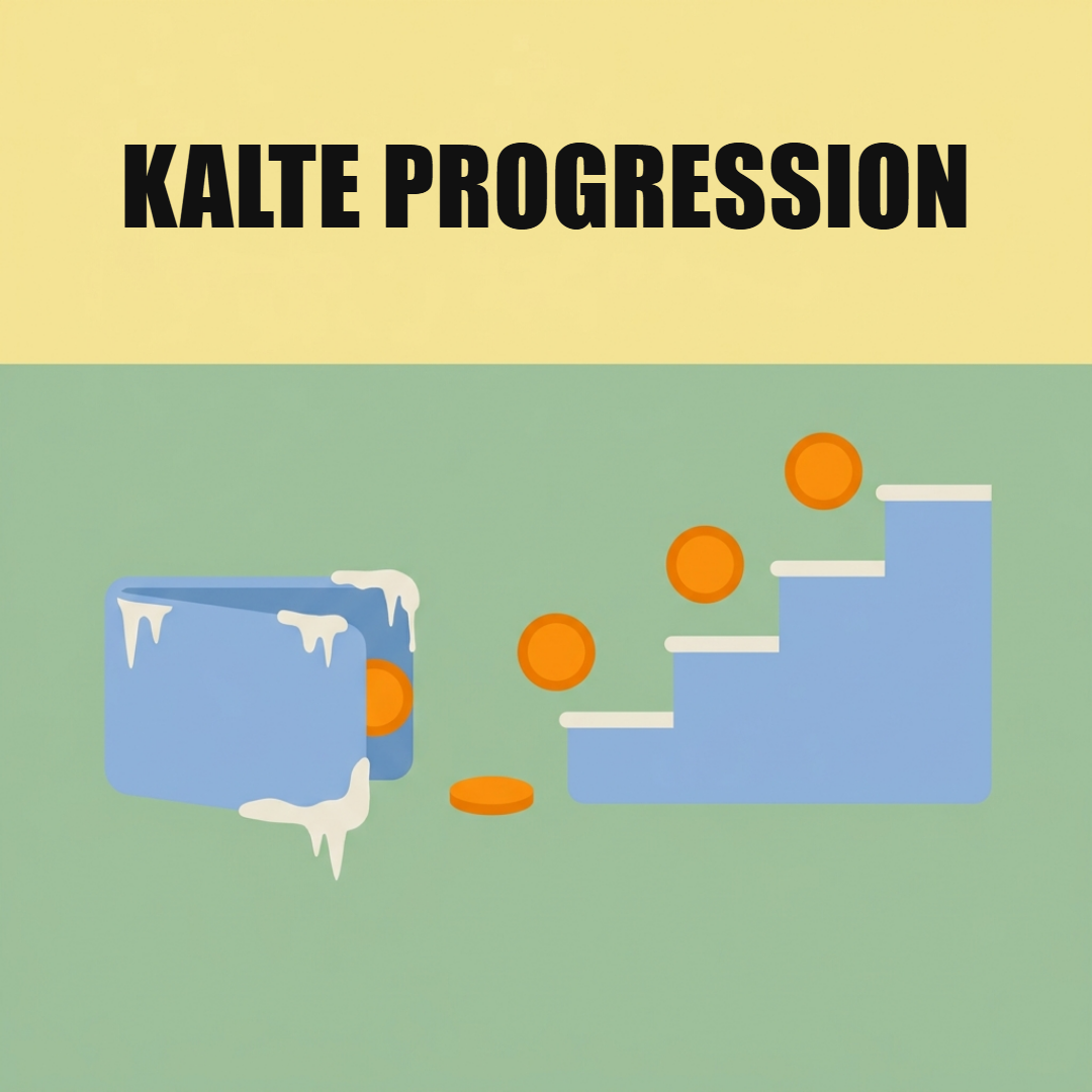 Kalte Progression: Warum eine Gehaltserhöhung weniger bringt, als sie verspricht 1 Eine vereiste Geldbörse, aus der orange Münzen eine Treppe hinaufsteigen, oben die Worte Kalte Progression