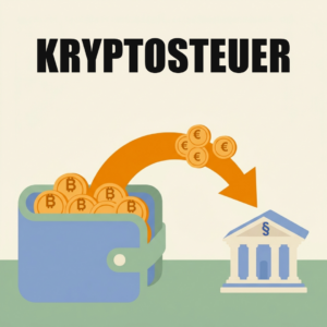 Kapitalertragsteuer: Was sie ist und wie viel du auf Zinsen, Dividenden und Kursgewinne zahlst 9 Eine offene blaue Geldbörse voller Münzen mit Bitcoin-Zeichen, ein orangefarbener Pfeil trägt einige Münzen mit Euro-Zeichen zu einem Amtsgebäude mit Paragrafenzeichen, oben das Wort Kryptosteuer