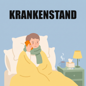 Sozialversicherungsbeiträge: was du zahlst, wofür und an welche Kasse 9 Eine kranke Person sitzt mit Schal und Decke im Bett und ruft mit dem Handy an, daneben Tee, Taschentücher und ein Thermometer, oben das Wort Krankenstand