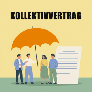 Kalte Progression: Warum eine Gehaltserhöhung weniger bringt, als sie verspricht 9 Vier Angestellte stehen unter einem großen orangen Schirm, daneben ein großes Dokument, oben das Wort Kollektivvertrag
