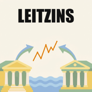 Die Anleihe: Wie du Staaten und Unternehmen Geld borgst und dafür Zinsen bekommst 9 Zwei Notenbankgebäude mit Säulen zu beiden Seiten eines Meeres, Pfeile führen zu einer Börsenkurve in der Mitte, oben das Wort Leitzins