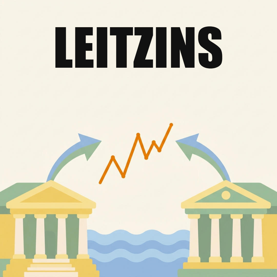 Der Leitzins: wie er Kredit, Sparbuch und Börse beeinflusst 1 Zwei Notenbankgebäude mit Säulen zu beiden Seiten eines Meeres, Pfeile führen zu einer Börsenkurve in der Mitte, oben das Wort Leitzins
