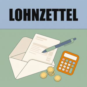 Arbeitnehmerveranlagung: So holst du dir zu viel bezahlte Lohnsteuer zurück 8 Ein geöffnetes Kuvert mit einem Lohnzettel, daneben ein Kugelschreiber, ein Taschenrechner und Münzen, oben das Wort Lohnzettel