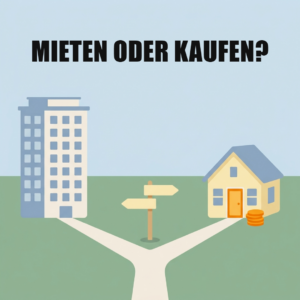 Immobilien & Wohnen 2 Illustration: Ein Weg teilt sich an einem Wegweiser, links zu einem Wohnblock, rechts zu einem kleinen Haus mit Münzstapel, darüber die Frage Mieten oder kaufen?