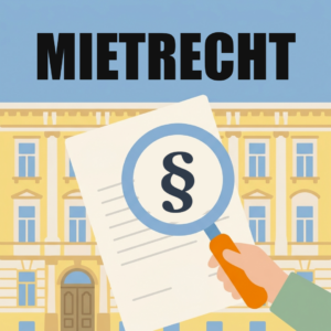 Immobilien & Wohnen 4 Hand hält eine Lupe mit Paragrafenzeichen über einen Mietvertrag vor einem Wiener Altbau, darüber das Wort Mietrecht