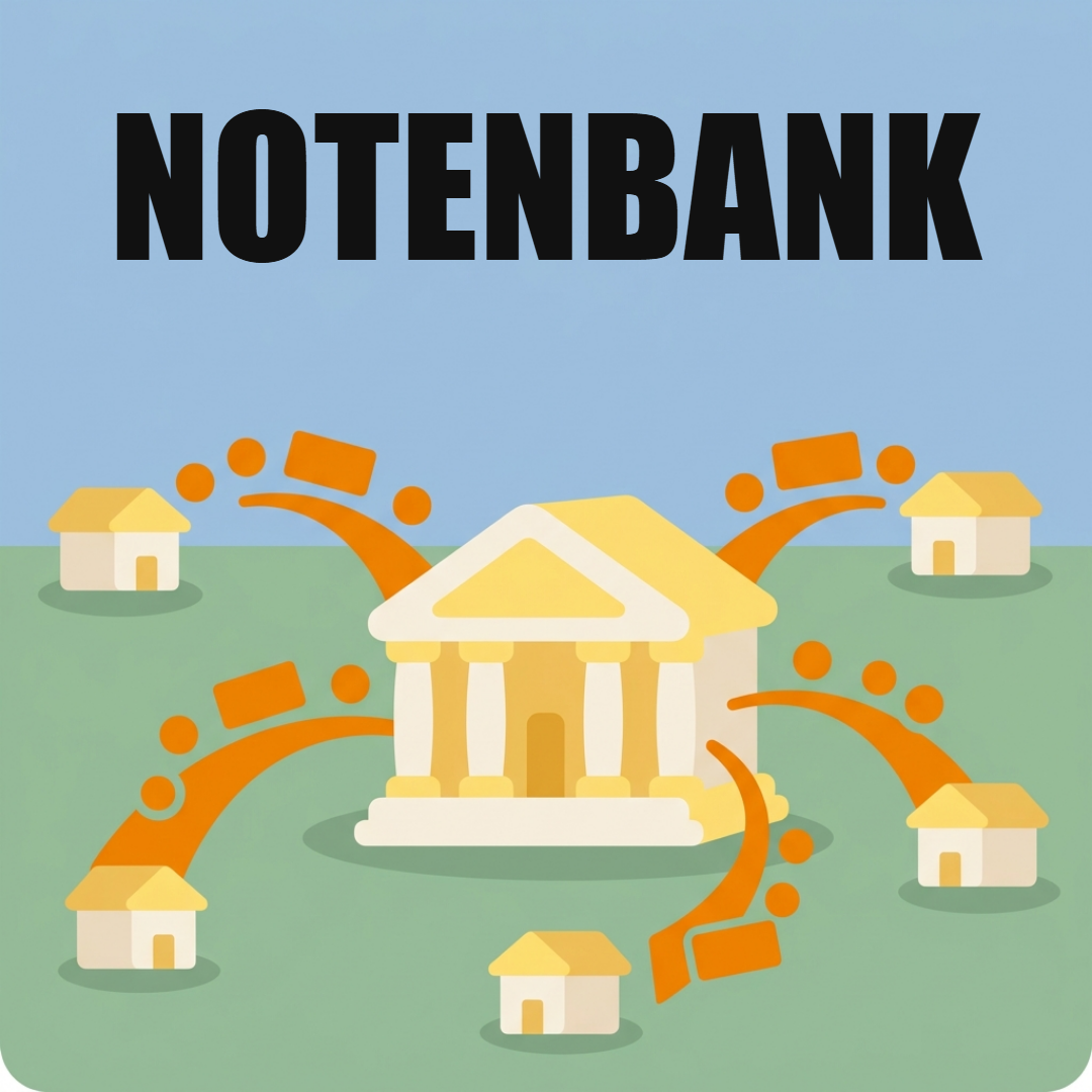 EZB und Oesterreichische Nationalbank: wer über den Euro wacht und was das für dich heißt 1 Ein Notenbankgebäude mit Säulen, aus dem Münzen und Geldscheine auf Bögen zu kleinen Häusern fließen, oben das Wort Notenbank
