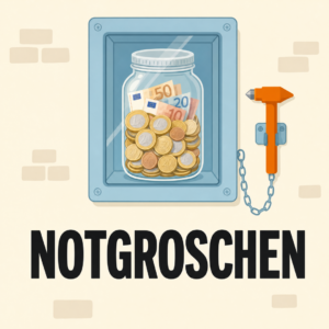 Kündigung: Fristen, Rechte und Pflichten bis zum letzten Arbeitstag 10 Glas mit Euro-Münzen und Euro-Scheinen in einem Notfallkasten mit Glasscheibe, daneben ein oranger Hammer an einer Kette, darunter das Wort Notgroschen
