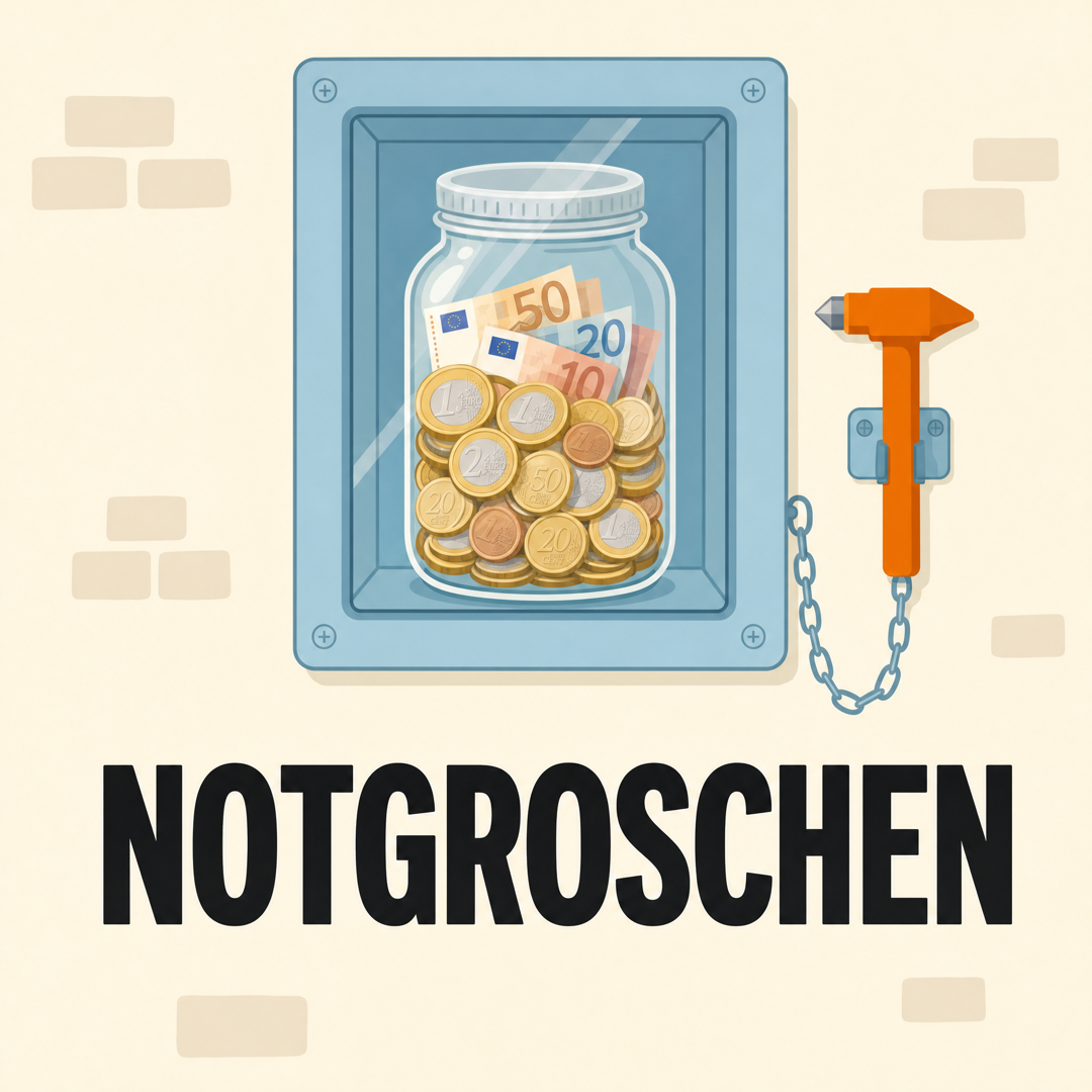Glas mit Euro-Münzen und Euro-Scheinen in einem Notfallkasten mit Glasscheibe, daneben ein oranger Hammer an einer Kette, darunter das Wort Notgroschen
