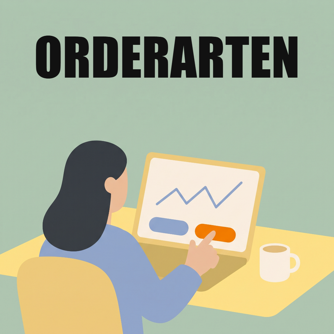 Orderarten an der Börse: Market Order, Limit Order und Stop Loss erklärt 1 Eine Frau drückt am Laptop eine orange Schaltfläche neben einem Kurschart, oben das Wort Orderarten